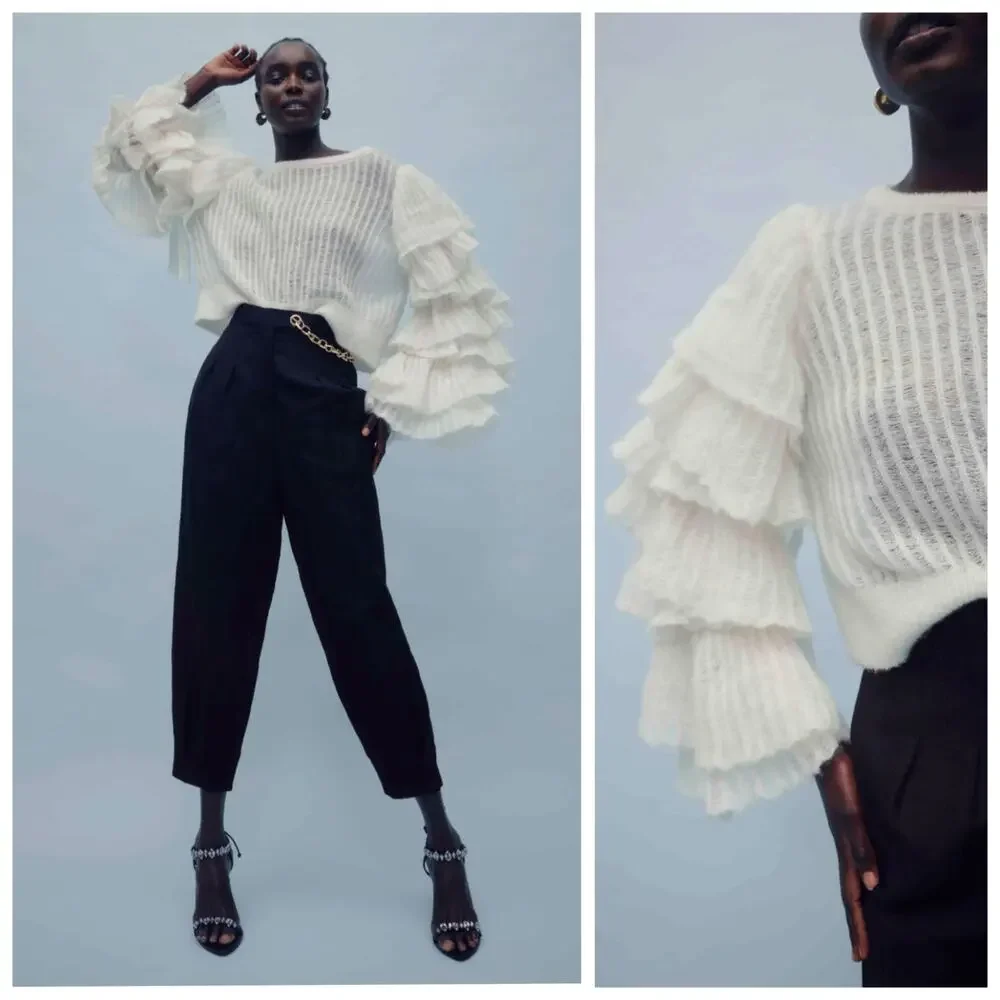 Aje Alpaca Wool Ruffle Sleeve White Sweater XS Designer Statement Knit